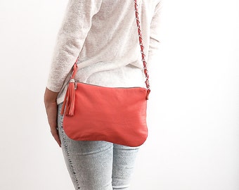 FREE SHIPPING Genuine leather cross body coral bag with chain strap tassel / coral purse