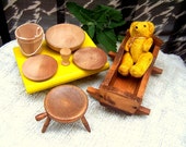 Doll House Furniture Colonial, Cradle  stool, dishes, bucket, mug 1960s natural wood finish Unusual pieces.
