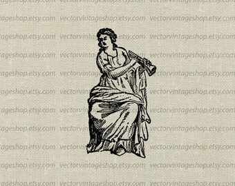 Greek Muse Vector Graphic Instant Download, Ancient Greek Euterpe Woman Flute, Musician Clip Art Illustration jpeg png eps WEB1728AF