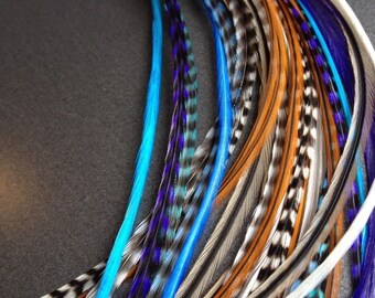 Hair Feathers, 20 Feather Hair Extensions, Real Long Natural Feathers, Blue, Brown, White, Plume Cheveux, COOL10NB