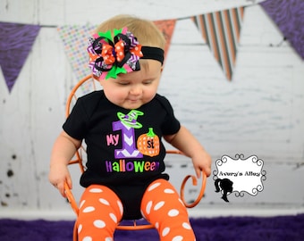 My 1st Halloween - Girls Applique Black Shirt or Bodysuit and Matching Hair Bow Set for First Halloween