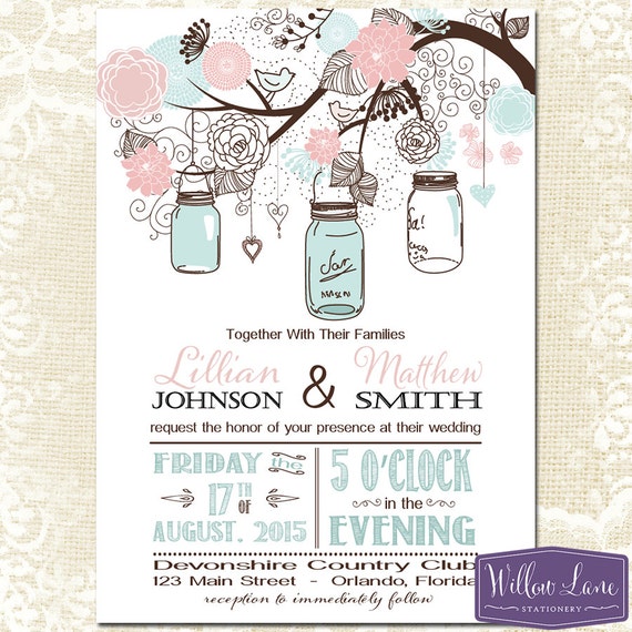 Mason Jar Wedding Invitation Pink And Blue Mason Jar Wedding