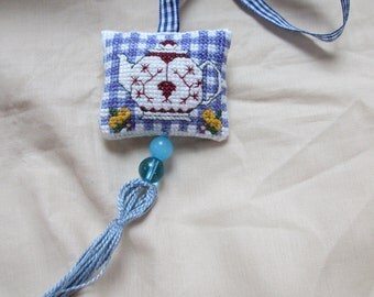 Scissor holder & integrated pin-cushion with cross-stitch image of tea pot plus beaded tassel decoration. Unique and handmade - Free postage