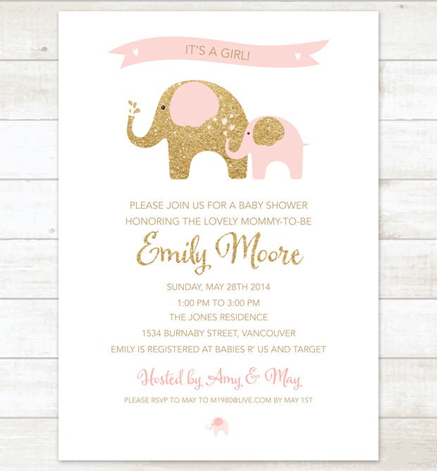 Pink And Gold Elephant Baby Shower Invitations 5