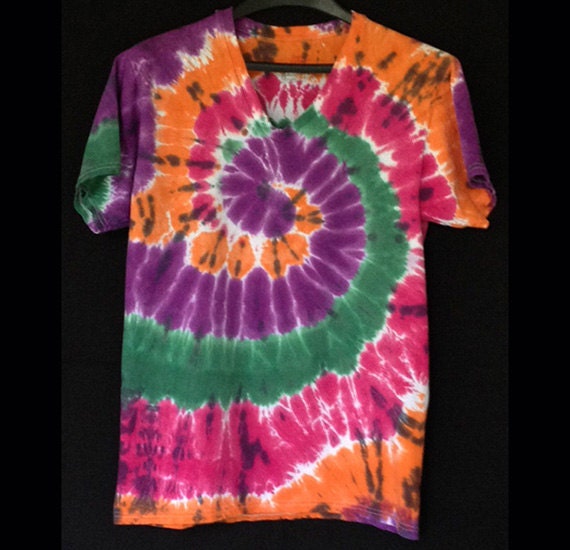 Bright swirl tie-dye V-neck t-shirt. Orange purple green