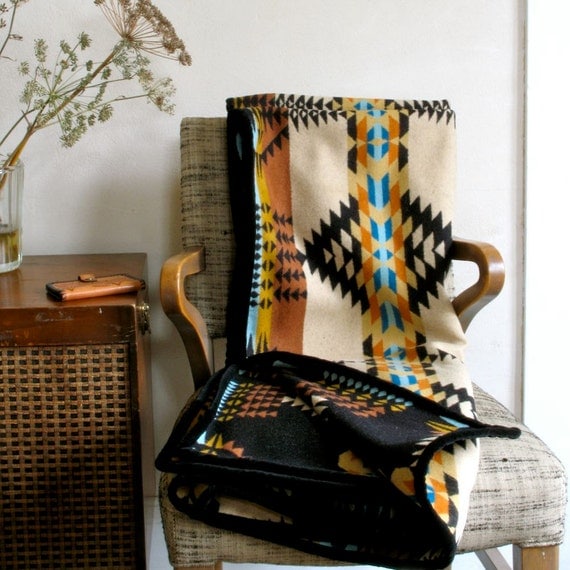 Wool Blanket Native American Design in Gold Black Teal