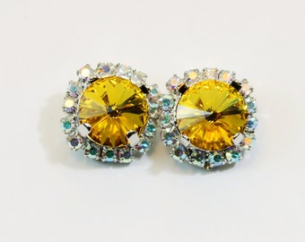 Yellow Clip Earrings Crystal clip on Canary Yellow Rhinestones AB Halo Clip Earrings Swarovski Yellow Wedding Silver finish,Sunflower,SE97