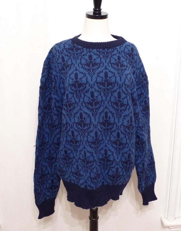 sale Blue Wool Knit Ski Sweater / Nordic Pattern Pullover in