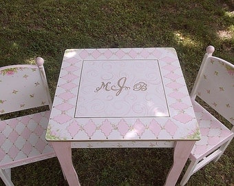 Childrens Table and Chair set, PINK GOLD, Roses, Kids Furniture, Tea Party table, Personalized