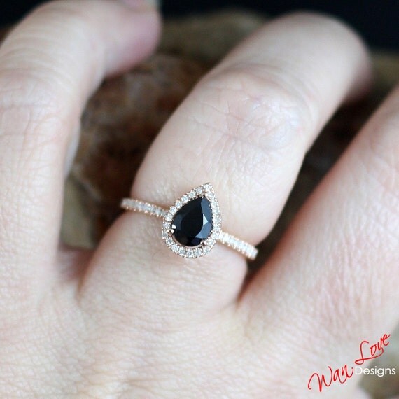 Black Spinel & Diamond Pear Halo Engagement Ring 1ct 7x5mm 14k 18k ...