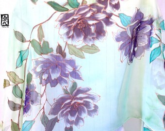 Hand Painted Silk Shawl, Mint Floral Scarf, Dreamy Purple Peonies Scarf, Mint Green Silk Chiffon, 22x90 inches. Made to order