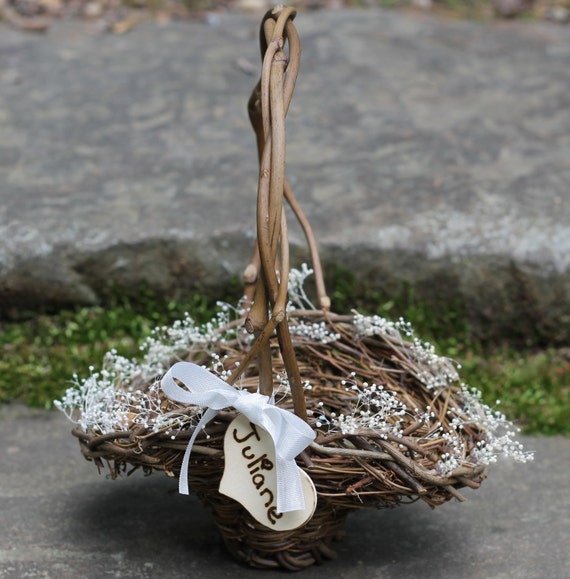 Flower Girl Basket Rustic Personalized Heart Lined In Baby's Breath