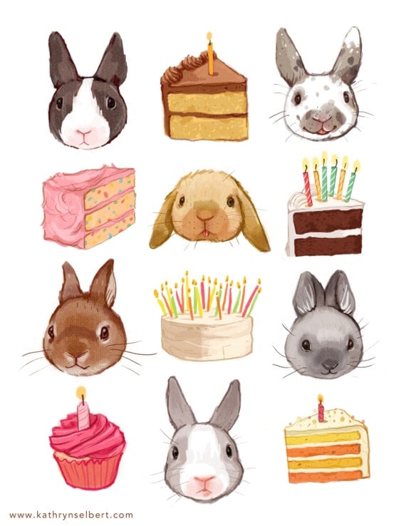 Fine Art Print - Bunnies and Birthday Cake Illustration
