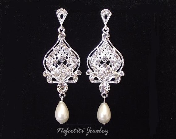 Bridal earrings, Crystal Chandelier Wedding earrings, pearl drop bridal ...