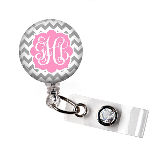 Retractable ID Badge Reel Personalized Gray and Pink by PoshReels