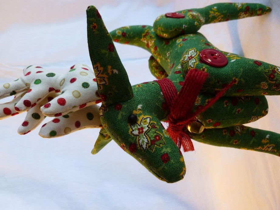 Christmas Reindeer Decoration Handcrafted Green and Red Print Fabric Whimsical Polka Dot Antlers Soft Body Holiday Decoration Reindeer B