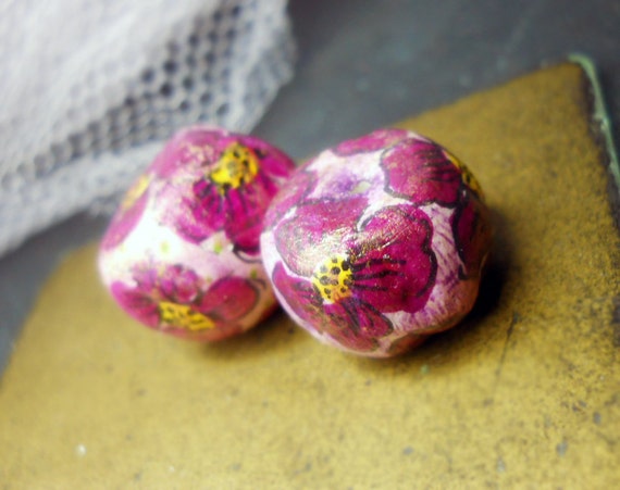 Illustrated Paper Clay Beads - 2 Rustic Embellished Floral Beads - Hand Drawn Flowers - Super Chunky Primitive Pair - Purple & Yellow Beads