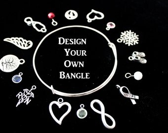 Personalize Your Own adjustable bangle / Stackable Bangles / Choose Your Own Charms / Silver Bracelets over 200 charms