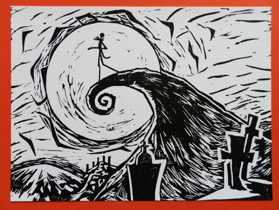 Nightmare Before Christmas Linoleum Print Black and White on - Nightmare Before Christmas Linoleum Print, Black and White on with Orange  Boarder, 8 x