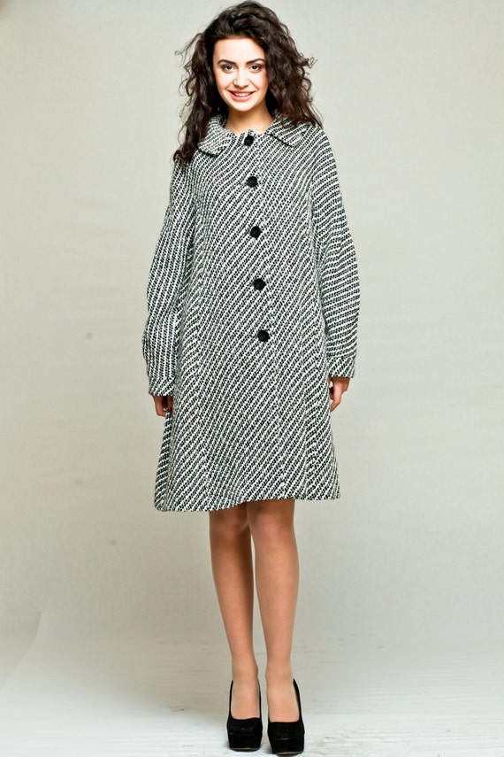 Womens black and white coat / womens winter coat / womens wool