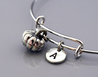 Pumpkin charm bangle, Pumpkin bracelet, Pumpkin charm jewelry, Vegetable charm, Expandable bangle, Charm bangle, Monogram, Initial bracelet
