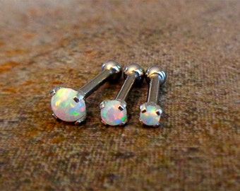 White Fire Opal Cartilage Earring Stud Forward Helix Stud Earring Surgical Steel Internally Threaded Ear Piercing 18G Stud 16G Stud