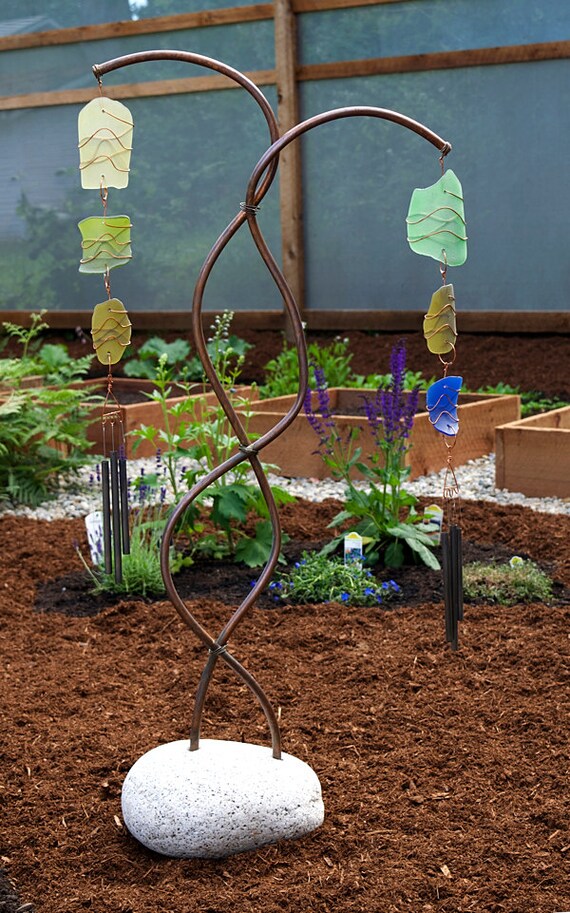 Freestanding Double Wind Chime Beach Glass Copper by CoastChimes