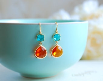 Blue and Orange Earrings, Gold Plated Blue and Tangerine Orange Glass Drop Earrings, Dangle, Bridesmaid, Wedding Jewelry, Christmas Gift