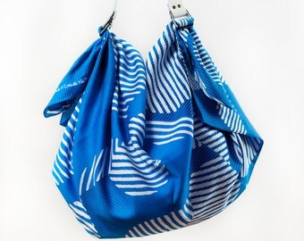 Dots furoshiki bag (blue) & white leather carry strap set