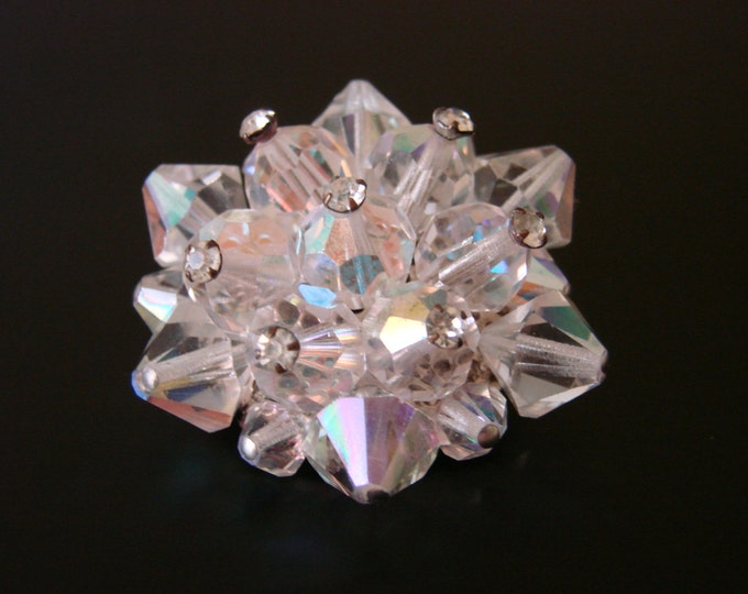 50s Austrian Crystal Aurora Borealis Rhinestone Cluster Brooch / Wedding / Bridal / Vintage / Jewelry / Jewellery