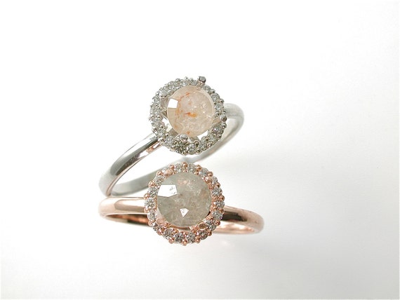 5 mm Round Rose Cut Diamond Ring, Diamond Halo, Made to Order, Peach, Yellow, Modern Engagement Ring, Rustic Diamond, Custom, 14 k Gold