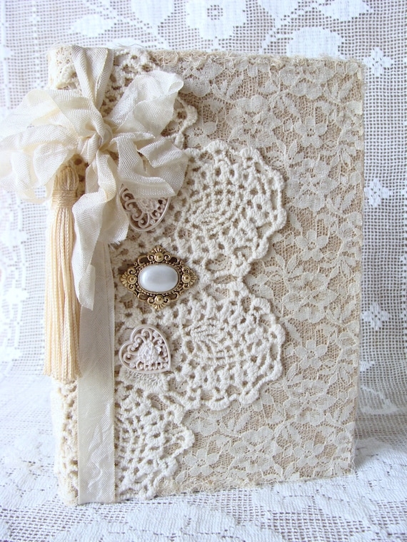 Lace and Vintage Doily Journal Notebook Diary Wedding Guestbook Bride Giftbook Baby Shower I Love You Quote