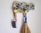 ON-SALE Upcycled Organizer Wall Rack/Recycled Wood Cow/HandPainted Distressed Yellow/Black/White/2 Knobs ON-SALE Upcycled Organizer Wall Rack/Recycled Wood Cow/HandPainted Distressed Yellow/Black/White/2 Knobs