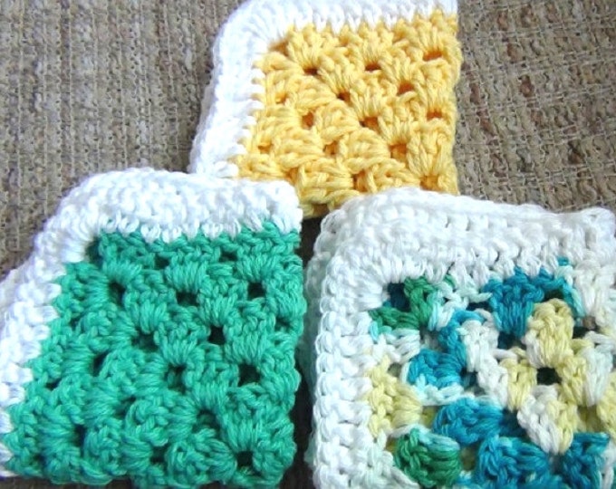 Cotton Crochet Dishcloths - Summer Color Washcloth - Set of 3 - Yellow, Green, Multicolor Face Cloth - Multi Purpose