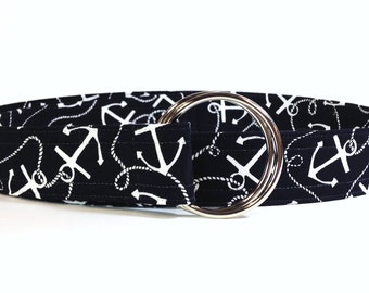 Navy and White Nautical Print Fabric Belt