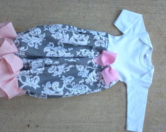 Baby girl coming home outfit, baby girl clothes, layette gown, newborn hospital set, gray pink damask, new mom gift, reveal shower girl