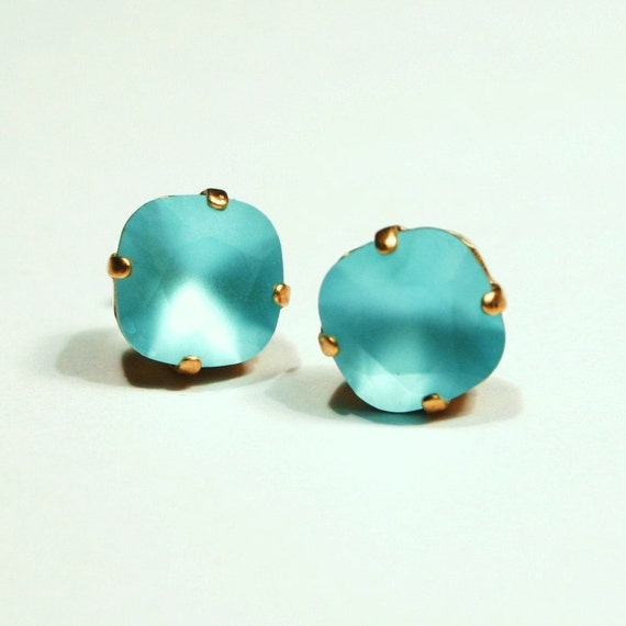 Matte Turquoise Blue Crystal Stud Earrings Classic Sparkling