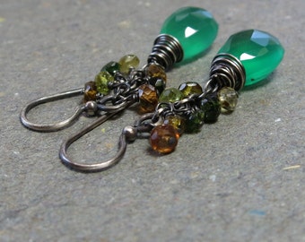Green Onyx Earrings Tourmaline Cluster Oxidized Sterling Silver Gift for Mom