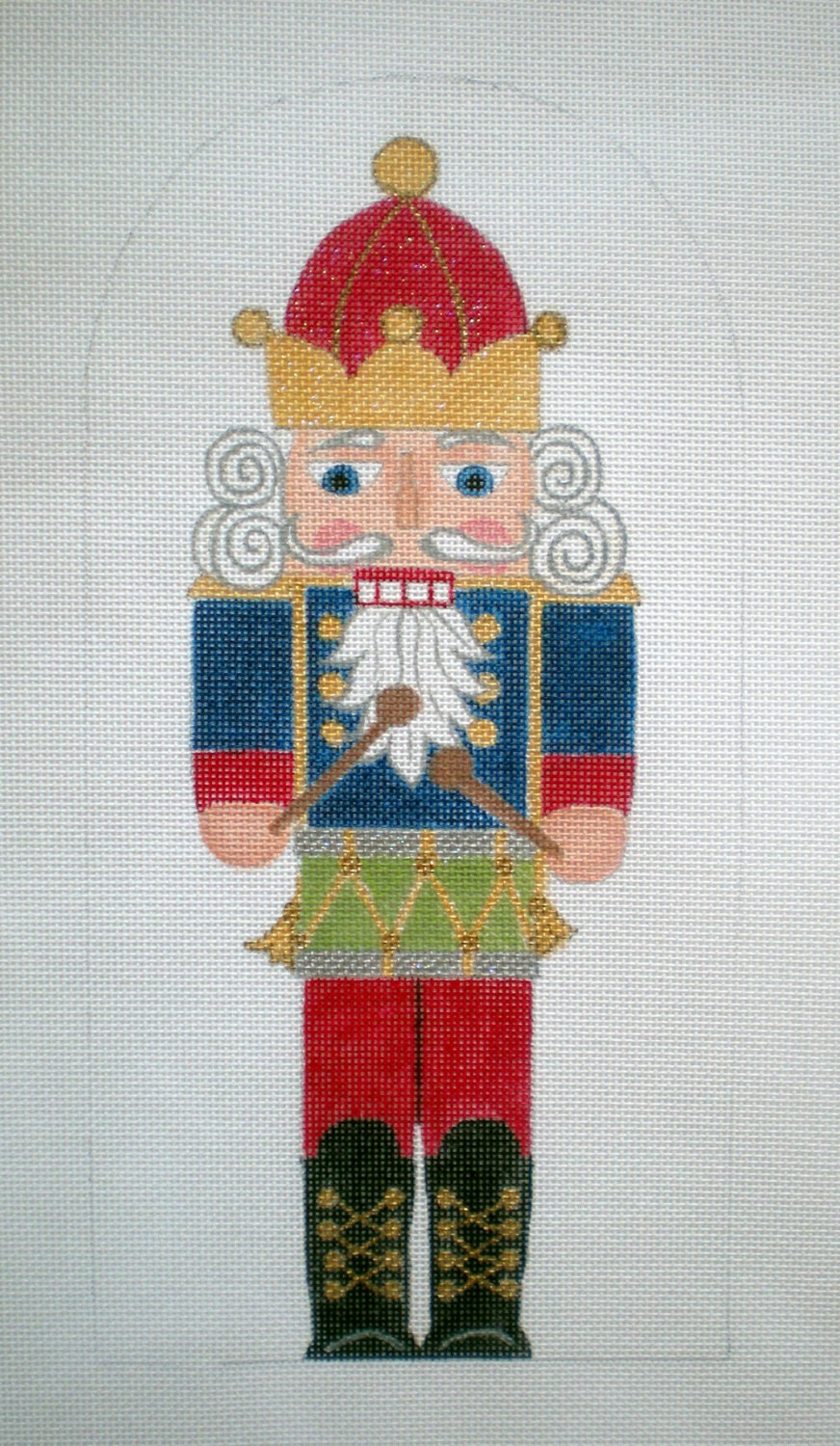 Handpainted Needlepoint Canvas 10" Stand -up Nutcracker with Drum from