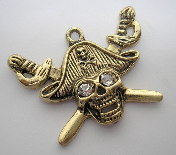 Jolly Roger Pendant with Rhinestone Eyes Antiqued Gold