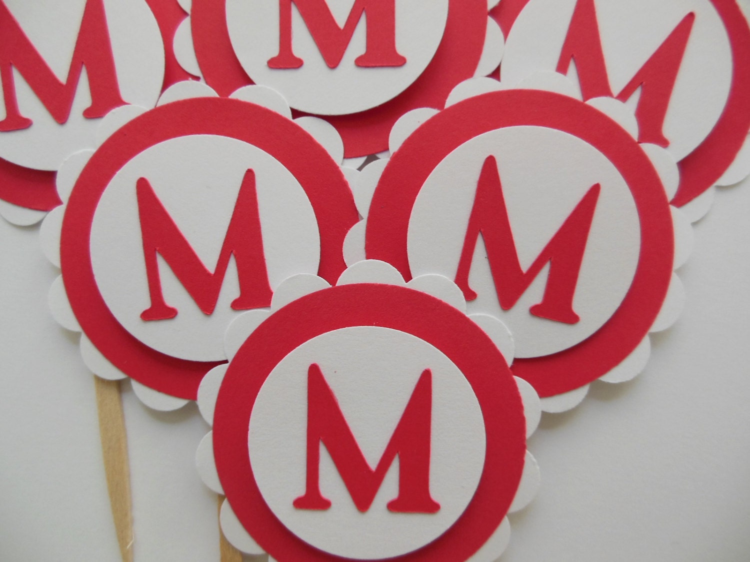 Personalized Letter Cupcake Toppers Red and White Letter M