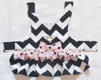 Dog Harness Dress Black Chevron with Pale Pink and Black Dots