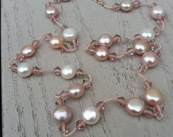 Pearl and Crystal Necklace, Pink Pearls on Silk, Tin Cup Floating Style, Wedding Jewelry, Evening Jewelry, June Birthstone, Gift for Her