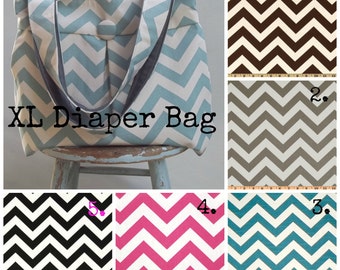 Gray Chevron Diaper Bag Chevron SET - Extra Large Reverisble 6 Pockets Key Fob Matching Zipper Pouch