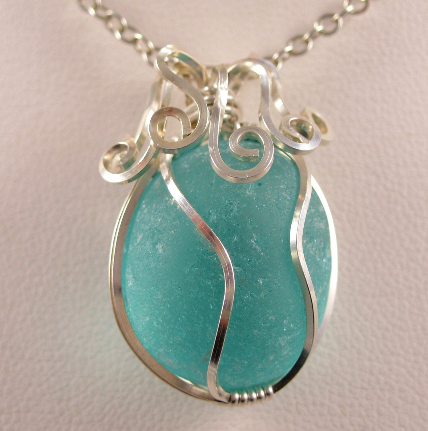 Aqua Sea Glass Wire Wrapped Sea Glass Pendant Necklace N 277 