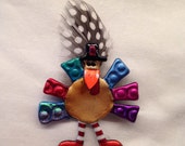 Turkey with black hat and purple feather Pin - Fall colored Turkey dressed at Pilgrim Brooch