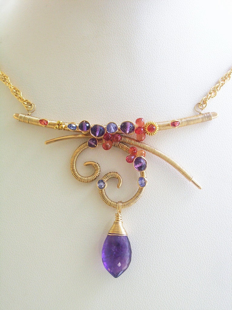 Amethyst Artisan Gold Filled Necklace Tanzanite Curved Bar