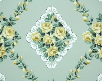 1940s Vintage Wallpaper by the Yard - Floral Wallpaper with Yellow Roses on Green