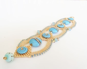 Cream and Aqua Beadweaving Bracelet