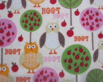 Owl Flannel fabric by the yard bty, soft yellow, colorful owl OUT of PRINT